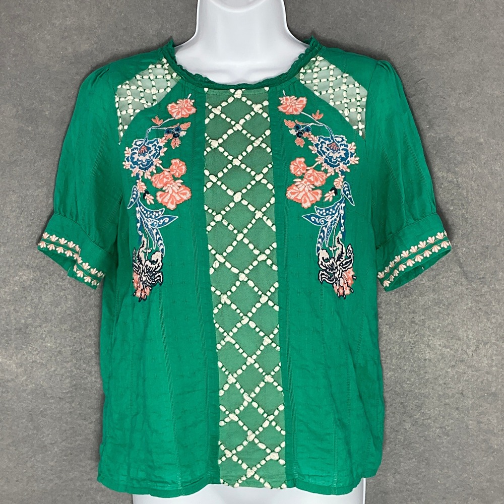 Maeve Embroidered Top Floral Bohemian Blouse Short Sleeve Green Size 2‎